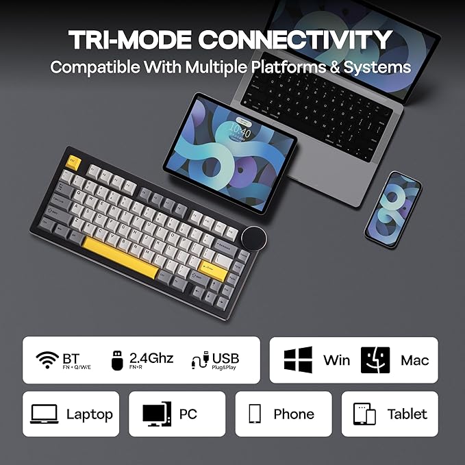 MechLands AJAZZ AK820V2 75% Wireless Gaming Keyboard with 0.9” TFT Display Screen & Knob, Gasket Mechanical Creamy Keyboard with 10000mAh Battery, Hot Swappable, RGB for Win/Mac (Black Grey)