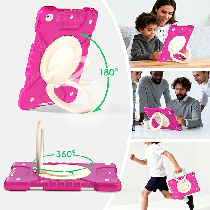 Andnary Case for iPad 9th/8th/7th Generation 10.2 inch, Shockproof Cover with Screen Protector/360° Rotating Handle/Bracket/Pen Holder/Shoulder Strap, Kid Case for iPad 2021/2020/2019 (Rose Red+White)