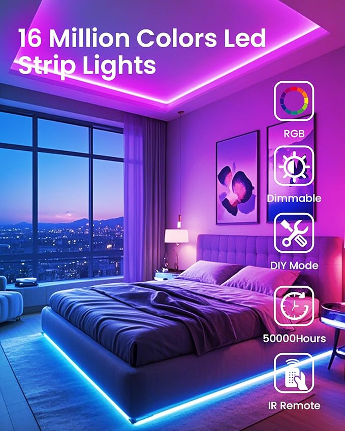 VOLIVO LED Strip Lights for Bedroom 200ft, Smart Bluetooth RGB Light Strips with App Control & Music Sync, Color Changing LED Lights for Room, Home, Party Decor