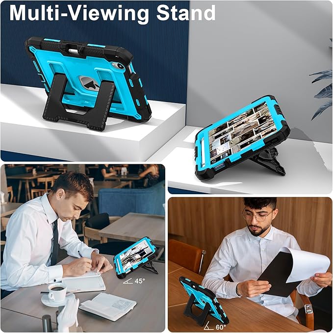 Kids Friendly Case for Apple iPad mini 7 A17 Pro 2024/iPad Mini 6 2021 8.3 Inch 7th/6th Gen Case with Pencil Holder & Shoulder Strap, Shockproof Kickstand Hard Shell Protective Cover,Black+Blue