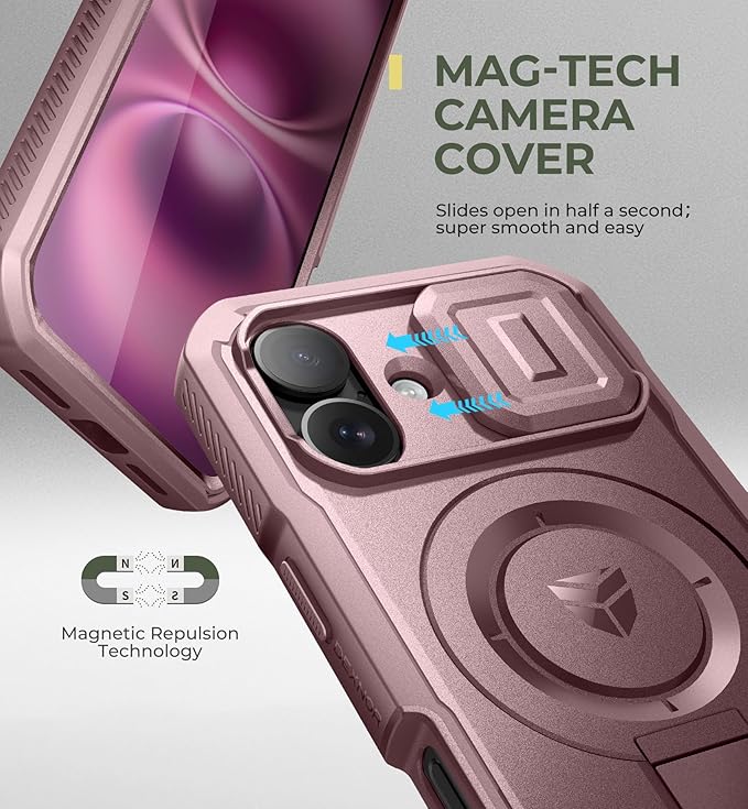 Dexnor for iPhone 16 Case with Slide Camera Cover & Adjustable Kickstand & Built-in Screen Protector,Compatible with MagSafe Shockproof Bumper Cases Heavy-Duty Magnetic Protective Cover,Peony Pink