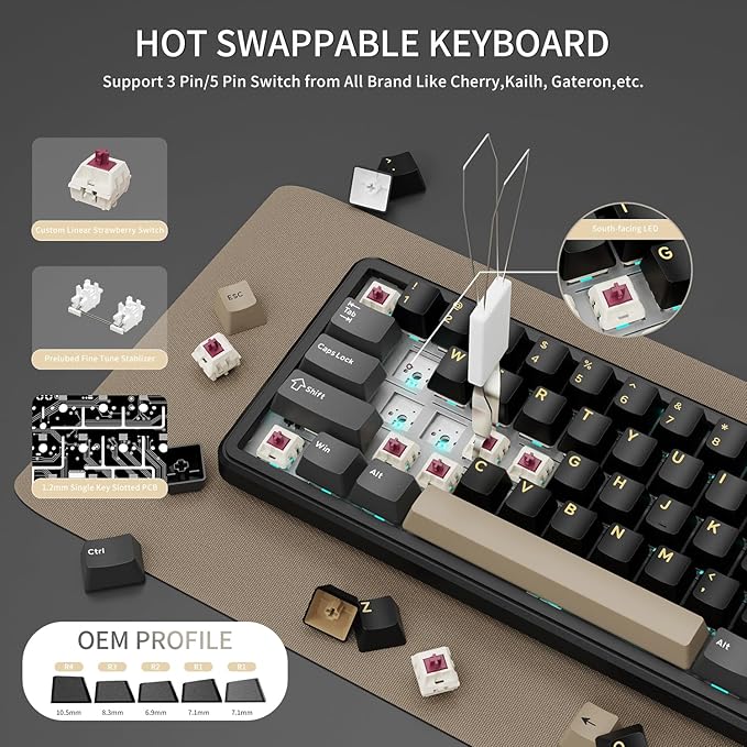 ATTACK SHARK X66 Wireless Mechanical Gaming Keyboard with Knob,Tri Mode USB-C/BT5.0/2.4G Gasket Mounted 60% RGB Gaming Keyboard 66Keys,PBT Keycap, Hot Swappable Custom Strawberry Switch(Star Black)