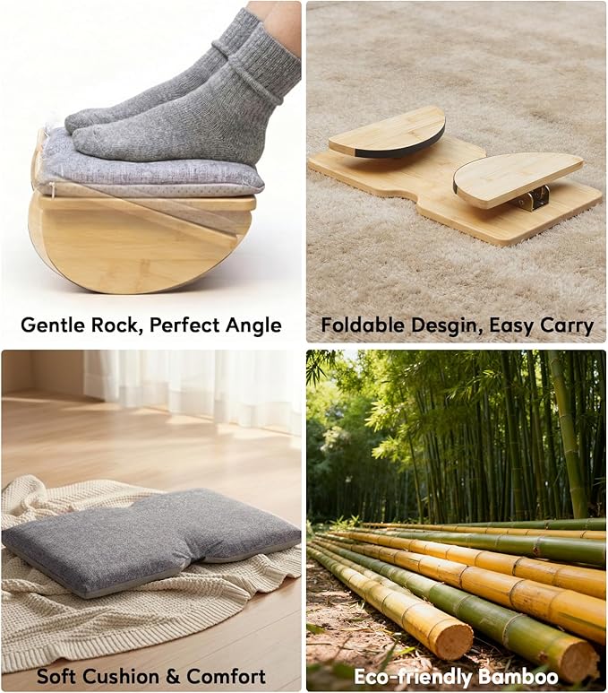 Bamboo Under Desk Foot Rest with Washable Cushion,Foldable Ergonomic Foot Stool,Rocking Footrest for Under Office Desk, Desk Leg Rest for Home Office (Natural Color)