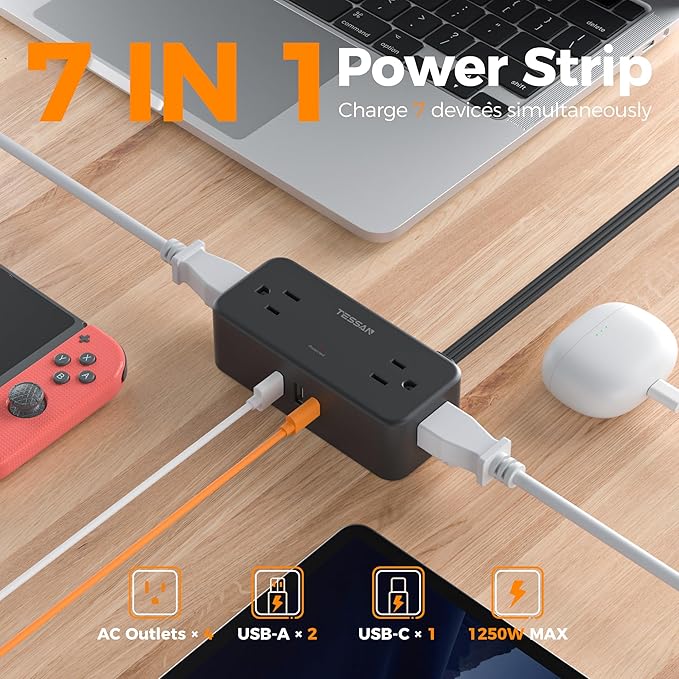 TESSAN Flat Plug Extension Cord 5 FT, Surge Protector Power Strip with 4 AC Outlets 1 USB C and 2 USB A Ports, 900 Joules Protection, Multiple Wall Outlet Extender Suitable for Office Dorm, Black