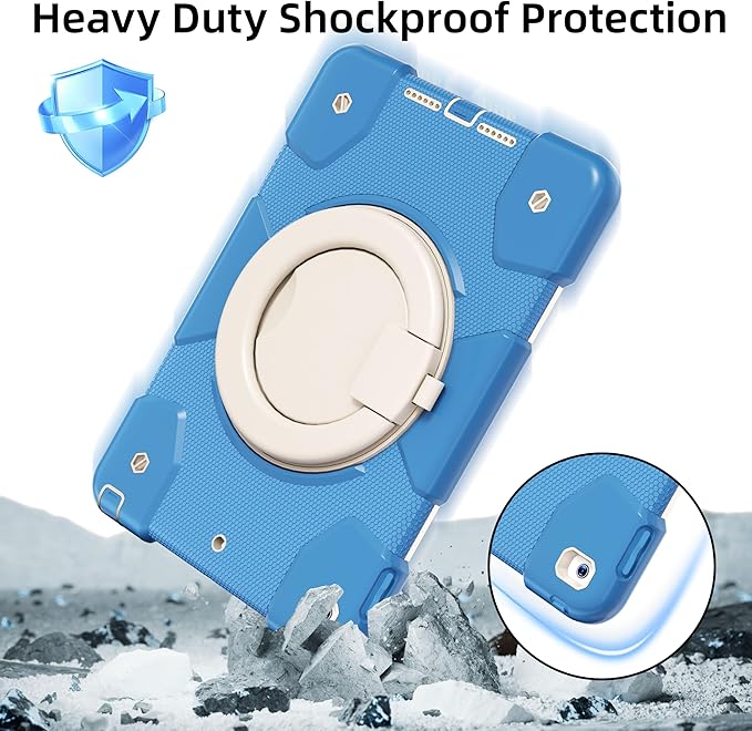 Andnary Case for iPad 9th/8th/7th Generation 10.2 inch, Shockproof Cover with Screen Protector/360° Rotate Stand/Pencil Holder/Shoulder Strap, Kids Case for iPad 2021/2020/2019 (Blue+White)