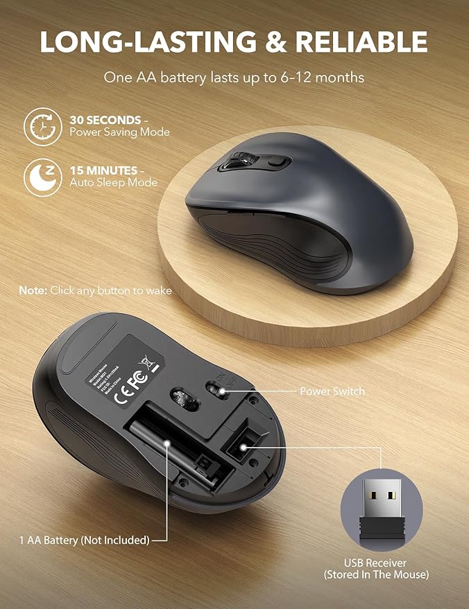Trueque Wireless Mouse, 2.4GHz Ergonomic Mouse for Laptop & PC, Silent Portable Computer Mice with Back & Forward Buttons, USB-C Adapter for Windows/Mac, M01 (Gray)