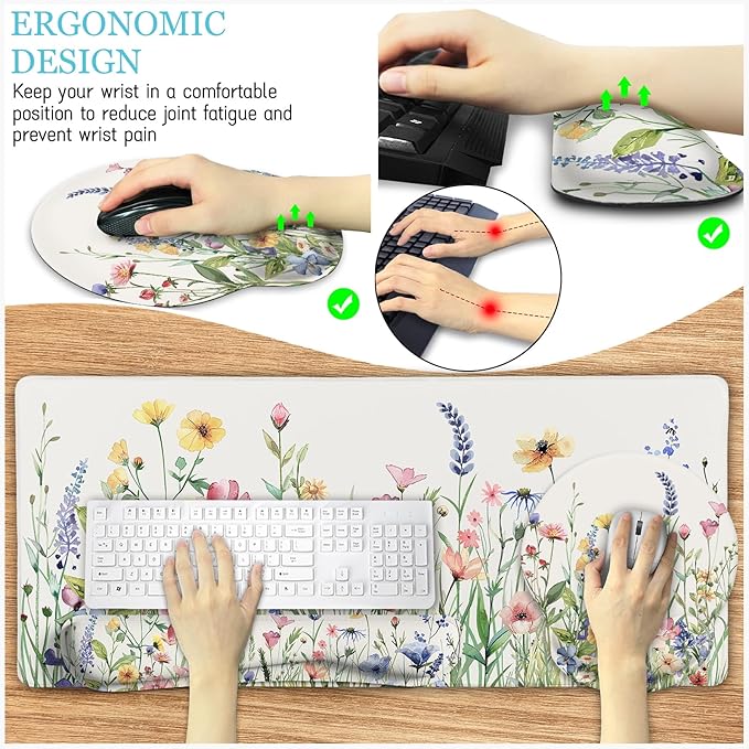 LIMKRIAN Flower Mouse Pad Set Large Desk Matt for Desktop, Ergonomic Mouse Pad with Wrist Rest, Gaming Wrist Support Keyboard Mat Cup Coaster Set Cute Office Desk Decor Accessories