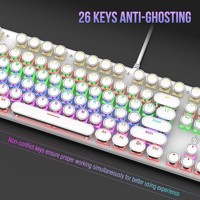 Typewriter Mechanical Gaming Keyboard with RGB Backlit Red Switches, 104 Keys Retro Round Keycap, Wired Typewriter Style Comfortable Typing Soud (L-White)
