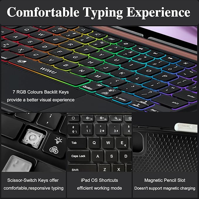WIWU for iPad Case Keyboard for Air 13 Inch M4/M3/M2 2026/2025/2024 Magnetic Detachable Keyboard Case Adjustable Stand 7 Colours Backlit Keys Trackpad (Black, for Air 13"(M3/M2) Pro 12.9" 6/5/4/3)