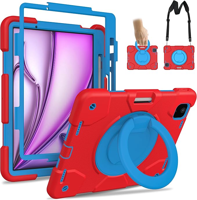Andnary Case for iPad Air 11 inch Case M4/M3/M2 (2026/2025/2024), Heavy Duty Shockproof Cover with Screen Protector, 360° Rotating Stand, Pencil Holder, Shoulder Strap (Red+Blue)