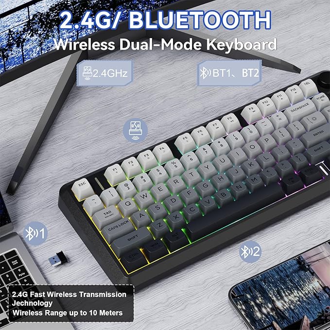 ZIYOU LANG M75 Wireless Gaming Keyboard, RGB Backlit Rechargeable 2000mAh Battery, Small Membrane But Mechanical Feel Keyboard with Smart Display & Knob, PBT Gradient keycaps for PC, MAC-Moonlit Night