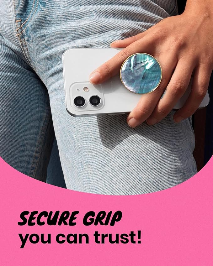 On The Grip Universal Phone Grip & Stand, Genuine Natural Gemstone/Seashell, Strong Adhesive Finger Holder, Collapsible Socket for iPhone, Samsung Galaxy, Kindle and Tablets (Blue Green)