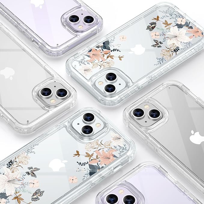 Diaclara Designed for iPhone 15 Case, Full Body Rugged Case with Built-in Touch Sensitive Anti-Scratch Screen Protector, with Camera Lens Protector for iPhone 15 6.1" (Lily) Butterfly