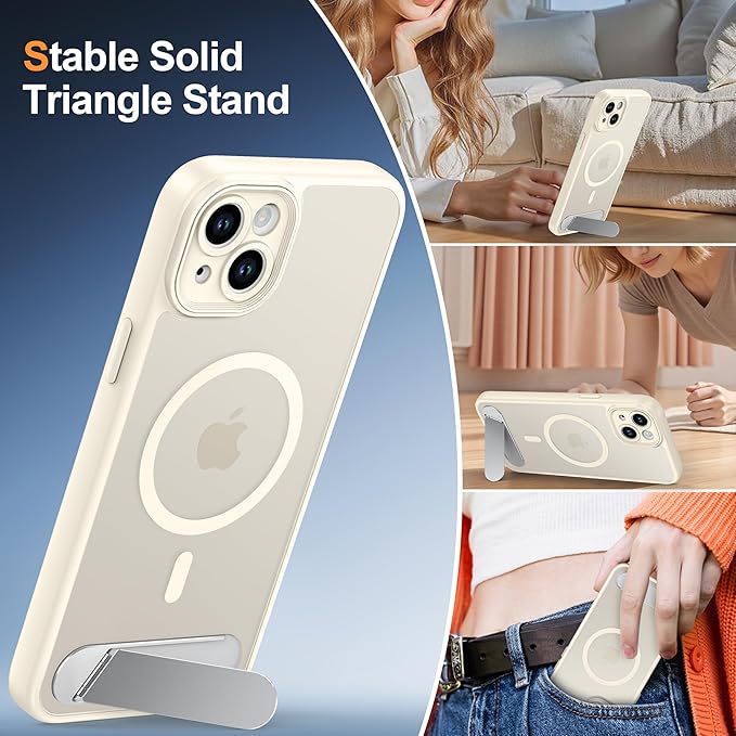 Magnetic Compatible with iPhone 15 Plus Case, [Built-in Kickstand][Full Camera Protection][Compatible with MagSafe][Anti-Fingerprint] Shockproof Phone Case for iPhone 15 Plus 6.7",Beige