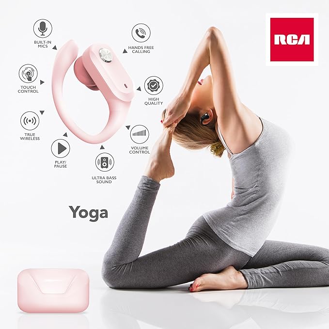 RCA Wireless Earbuds Bluetooth 5.3 Headphones Sport Sweat Resistant Sports Earphones with Earhooks,48H Playtime,Lightweight 7.8g,Fast Charging Case,Noise Cancelling Mic for Running Gym Workout-Pink