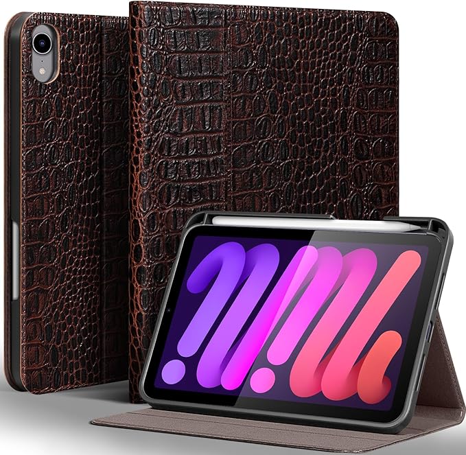 Gexmil Leather Case for iPad mini 7 (A17 Pro) 2024 / iPad mini 6 Generation 2021 8.3 Inch,Premium Cowhide Cover with Pencil Holder,Adjustable Stand, Auto Wake/Sleep,Brown Crocodile