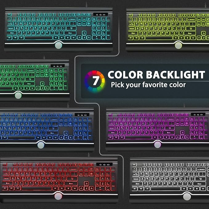 Backlit Computer Keyboards, Wired Light Up Keyboards with 7-Color Backlit, USB Lighted Keyboard Easy to See and Type, Corded Full-Size Keyboard for Windows Desktop, Laptop, PC