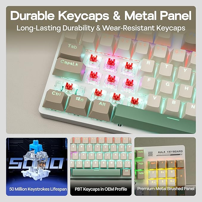 MechLands Aula S500 Wired Gaming Keyboard, 100% Full Size Mechanical Keyboard with Number Pad, 104 Keys, NKRO, RGB Backlits, Shine Through Keycaps, Ergonomic for PC E-Sports (White&Green, Red Switch)