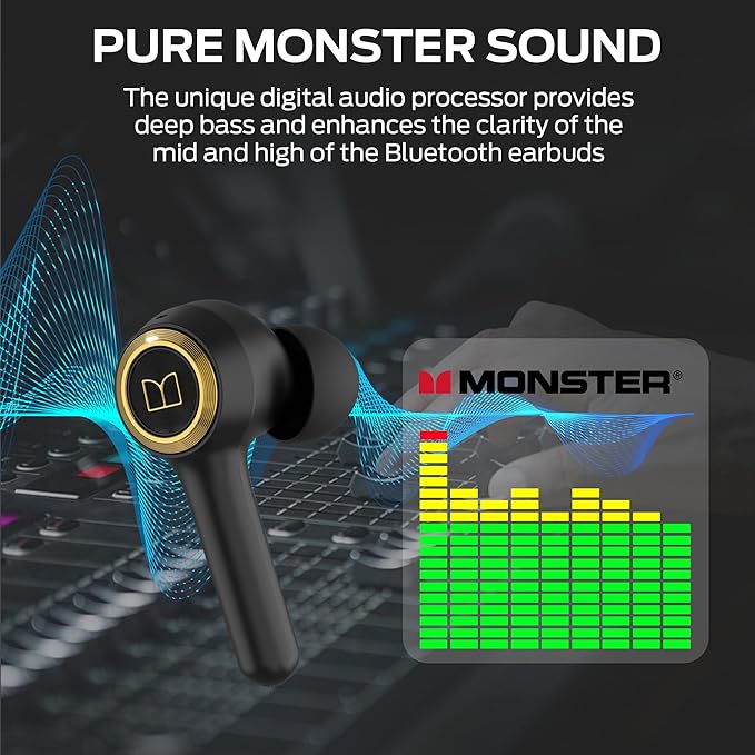Monster Clarity 102 Plus Wireless Earbuds, Bluetooth Headphones with HiFi Stereo, 4 ENC Mic for Crystal Clear Call, 30H Playtime, Type-C Charging, IPX6 Waterproof in-Ear Ear Buds for Sports (Gold)