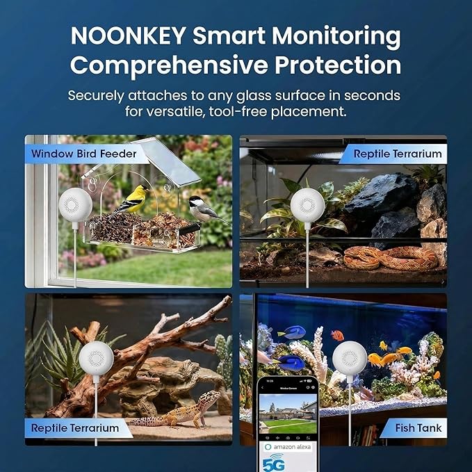 Noonkey Indoor Window Mount Security Pet Camera, 3MP 2K HD Monitor for Aquarium Reptile Bird Feeder, 5GHz/2.4GHz WiFi, Color Night Vision, Motion Alarm, 2-Way Audio, 24/7 Recording, Works with Alexa