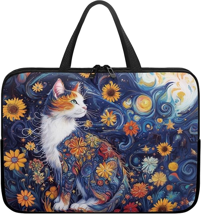 Starry Night Laptop Sleeve 15 Inch Laptop Protective Case Cute Cat Floral Computer Sleeve Neoprene Protective for 10-17 Inch Computer, Notebook, Chromebook, Tablet Bag