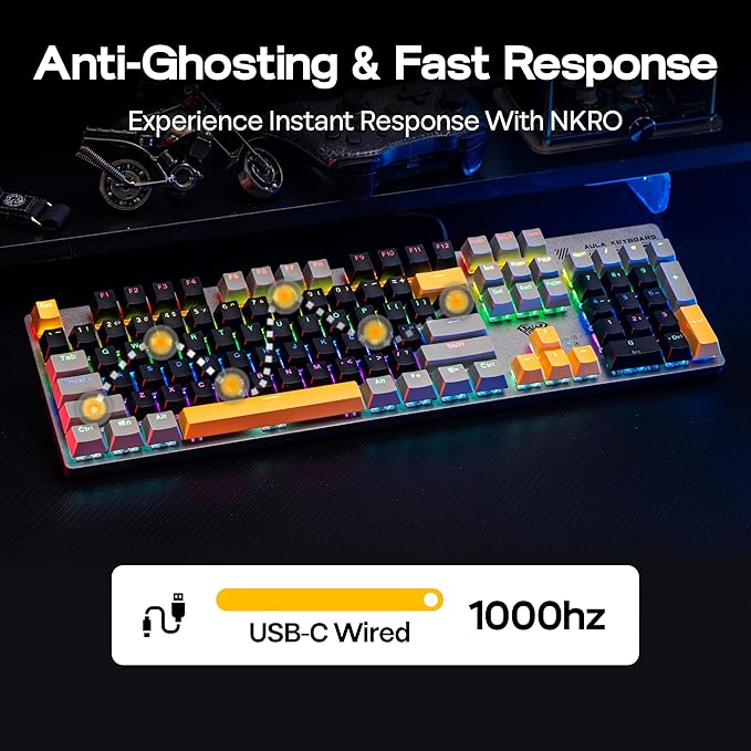 MechLands Aula S500 Wired Gaming Keyboard, 100% Full Size Mechanical Keyboard with Number Pad, 104 Keys, NKRO, RGB Backlits, Shine Through Keycaps, Ergonomic for PC E-Sports (Black&Grey, Blue Switch)