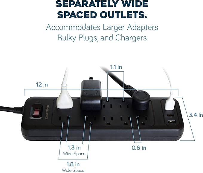 Power Strip Surge Protector USB-C and 10 AC Outlets, 3 USB and 1 USB C, Fast Charging Ports, Black, Flat Plug 6 ft Extension Cord, 2100 J 1875 Watts, 15A, Outlet Extender, ETL, BENTRONIC.