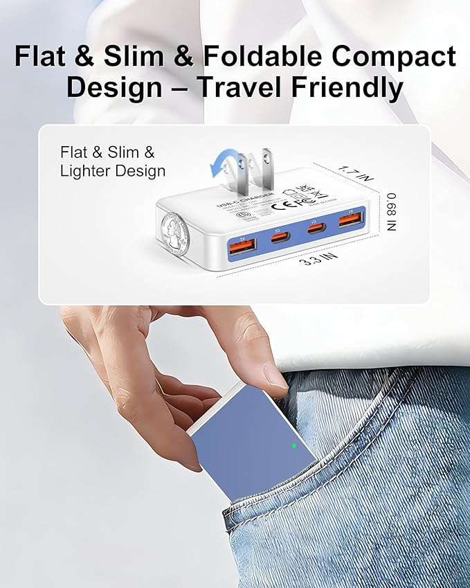 Flat USB Wall Charger 4 Ports Slim 35W USB-C/A Flodable Plug Fast Charging Block for iPhone 8/9/10/11/12/13/14/15 Multiport Power Charging Adapter for ipad and Galaxy Series S8-10 Blue