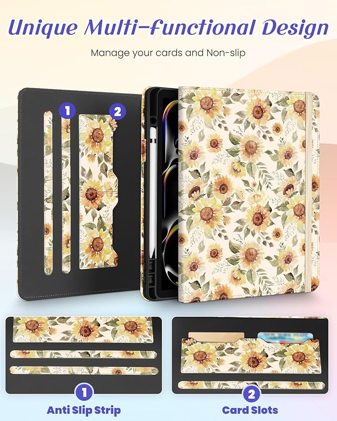 Kidcube for iPad Pro 13 Inch Case M4 2024 - Women Girls Cute Rotating Stand Folio Cover with Pencil Holder & Card Slot Girly Pretty Sunflower Design for iPad Pro 13 Inch Case 2024 (A2925 A2926 A3007)