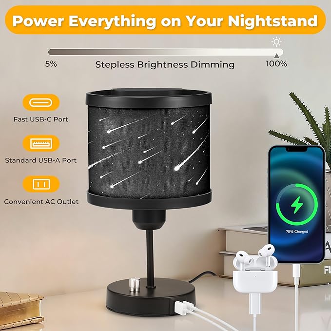 Bedside Table Lamp for Bedroom, Small Bedside Light with USB C and A Ports, Night Lamp with 3 Rotatable Shades, Daylight White Bulb with Dimmable