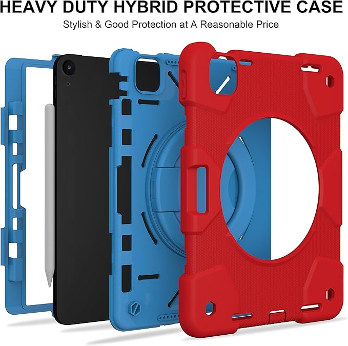 Andnary Case for iPad Air 11 inch Case M4/M3/M2 (2026/2025/2024), Heavy Duty Shockproof Cover with Screen Protector, 360° Rotating Stand, Pencil Holder, Shoulder Strap (Red+Blue)