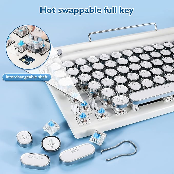 Adventurers Retro Typewriter Keyboard, 75% Layout 83 Keys with Blue Switch,Bluetooth 5.0,Fixed Multi-Color Backlight,Hot-Swappable for PC/Laptops/Mac/ipad(White)
