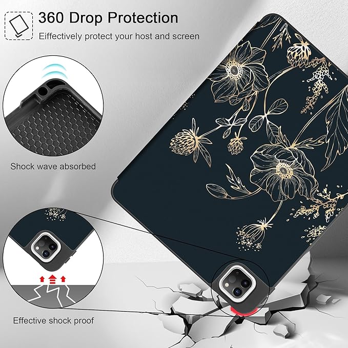 May Chen Case for iPad Pro 11 inch (4th, 3rd, 2nd & 1st Gen) 2022 2021 2020 2018, Trifold Stand + Pencil Holder + Auto Wake/Sleep + Soft TPU Protective Stand Back Cover, Abstract Floral