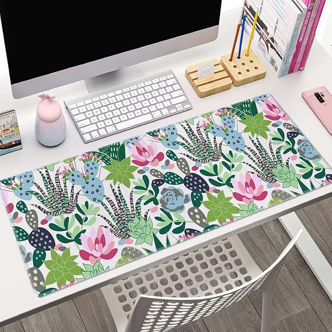 Extensive Gaming Mouse Mat - Succulents & Cacti Design, 31.5 x 11.8 - Non-Slip Base & Stitched Edge
