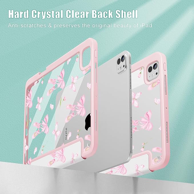 May Chen Case for iPad Pro 11-Inch M5/M4 2025/2024 (6th/5th Generation), [Penceil Holder] Trifold Stand Auto Wake/Sleep Clear TPU Protection Back Cover, Ballet Shoes