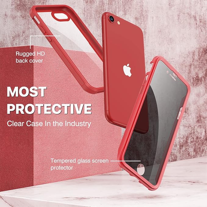 CENHUFO Privacy Case for iPhone SE 2022 3rd / iPhone SE 2020 2nd / iPhone 8/7, Full Body Phone Cover with Built-in 9H Tempered Glass Privacy Screen Protector, Anti Peep Shockproof Bumper - Red
