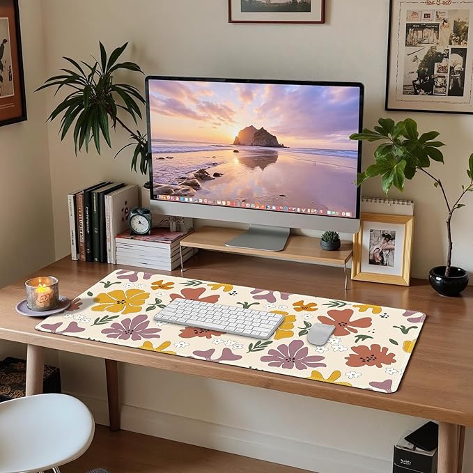 ARTSO Extended Gaming Mouse Pad, Cute XXL Large Keyboard Mat, Flower Long Mousepad Desk Decor Writing Pad Non Slip Rubber Base Stitched Edges for Office, Home, 35.4×15.7 in