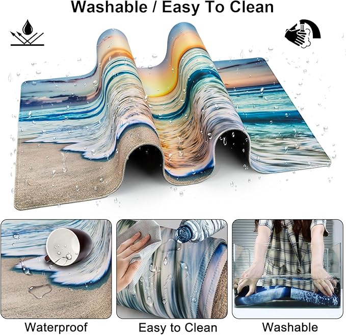 Mouse Pad + Desk Mat + Keyboard Wrist Rest + Coaster 4 in 1 Set, Cute Ergonomic Large Gaming Mousepad with Wrist Rest Support Desk Pad for Computer Laptop Office Home Decor-Beach