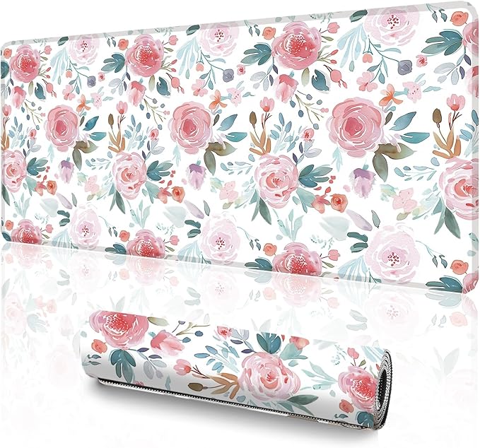 XXL Gaming Mouse Pad (47.2 x 23.6 Inch), Giant Floral Desk Blotter for Full Coverage, Watercolor Rose Garden Pattern, Anti-Slip Table Cover, Premium Soft Laptop Protector