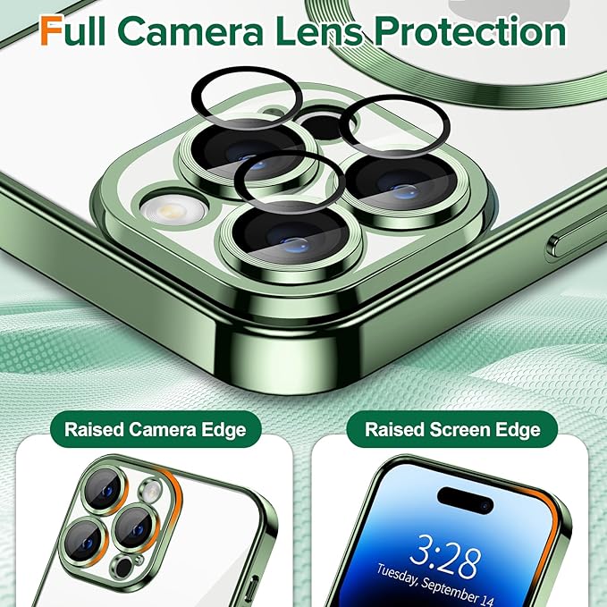 Hython Magnetic Clear for iPhone 14 Pro Max Case with Camera Lens Protector [Compatible with MagSafe] Plating Edge Slim Soft TPU Cover Protective Phone Case for iPhone 14 Pro Max 6.7", Deep Green