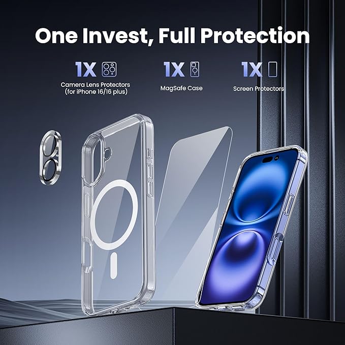 for iPhone 16 Case, Compatible with Magsafe [Yellowing Resistant] with 1X Screen Protector + 1X Camera Lens Protector, Military-Grade Protection, Clear Case for iPhone 16-Clear
