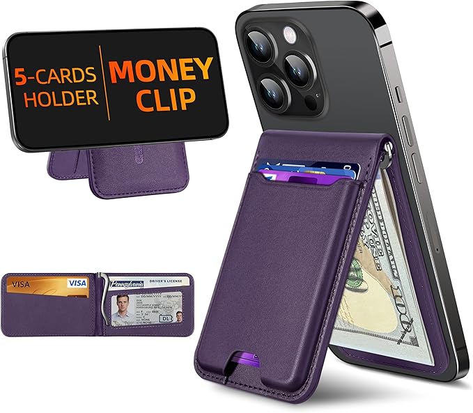 For Magsafe Wallet with Money Clip, Strongest Magnetic Wallet for iPhone 17/16/15/14/13/12 Series, Adjustable Stand, ID Window, 5 Card Holder, RFID Blocking, Not for 13/12 Mini, Elegant Purple