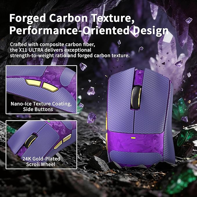 ATTACK SHARK X11Ultra 8K Carbon Fiber Wireless Gaming Mouse,Nordic 54L15 MCU,PAW3950MAX Sensor,59g Superlight,42000 DPI,BT/2.4Ghz/Wired Mouse with 100 Million Clicks,Programmable for Pc/Mac,Purple pro
