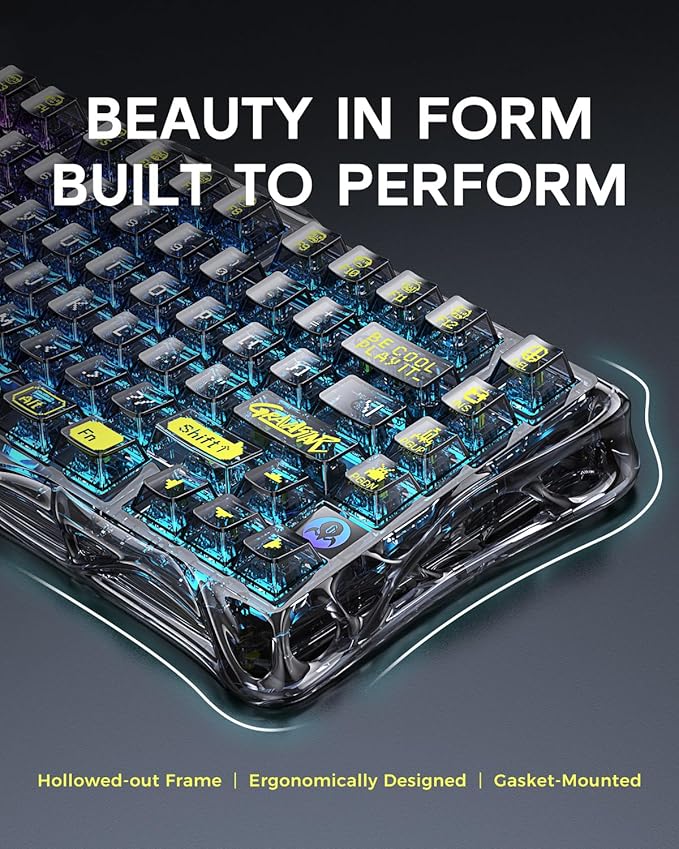 GravaStar Mercury K1 Lite 75% Gaming Keyboard, 2.4GHz/BT/Wired Tri-Mode Wireless Keyboard, Gasket Hot Swappable Mechanical Keyboard, Pre-lubed Linear Switches, RGB Backlit (Transparent Black)