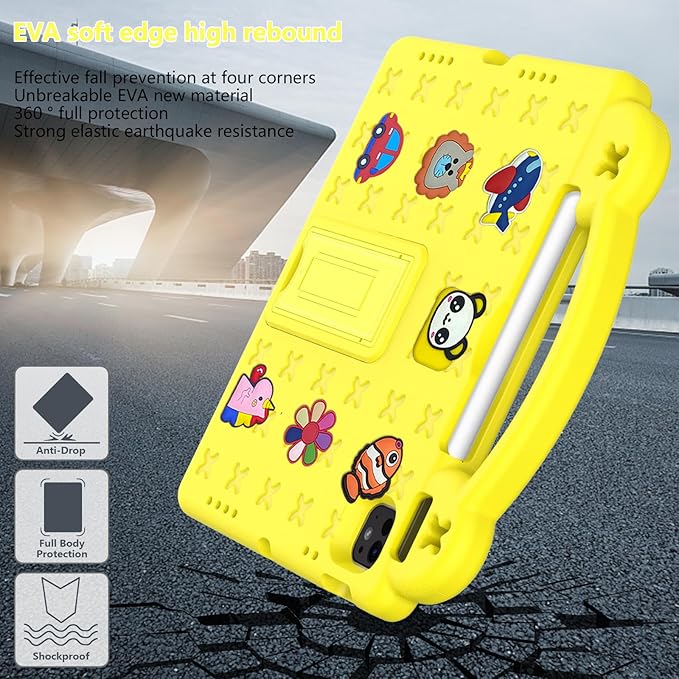 for Apple iPad Air 11 inch Kids Case M3/M2 (2025/2024) Slim Stand Cover with Pencil Holder/Handle/Kickstand Cute DIY Lightweight Cute Soft EVA Foam Shockproof Tablet Cover, Yellow Bear
