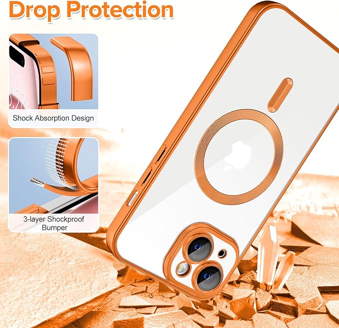 Hython Magnetic Clear for iPhone 15 Case with Camera Lens Protector [Compatible with MagSafe] Luxury Plating Edge Slim Soft TPU Cover Protective Phone Case for iPhone 15 6.1", Matte Orange