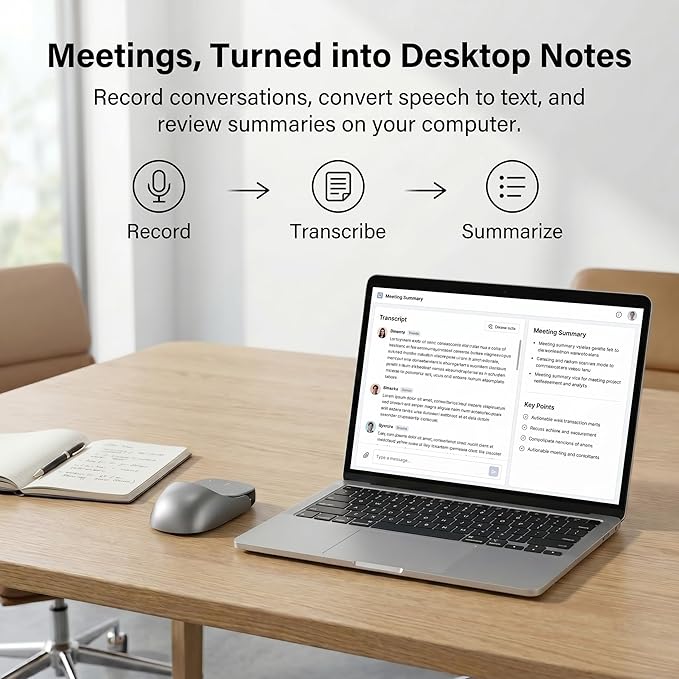 Wireless Productivity Mouse for Meetings & Presentations, Detachable Air Mouse with Recording, Transcription & Meeting Summaries, Bluetooth Computer Mouse for Desk Work & Follow-Up, Silver