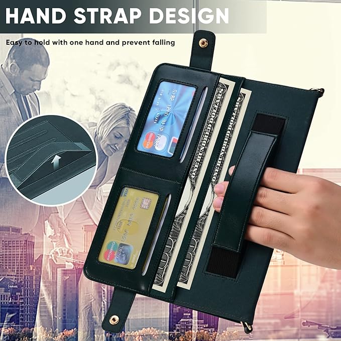 Handbag Case for iPad (A16) 11" 2025 & iPad 10th Gen 10.9", Techcircle Folio Stand PU Leather Crossbody Cover with Pencil Holder+Card Slots Wallet Case w/Shoulder Strap+Hand Strap, Midnight Green
