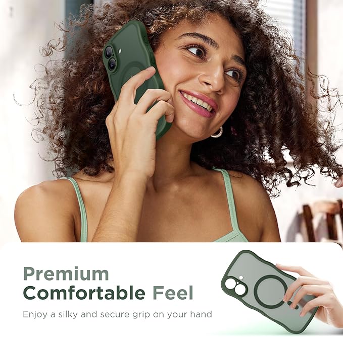 CAPRARO Magnetic for iPhone 17 Case for Women Girls, Upgraded [Full Camera Protection] [Compatible with MagSafe] Cute Wave Translucent Matte Phone Case for iPhone 17, Deep Green