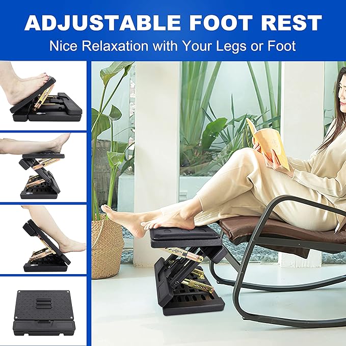 Under Desk Footrest - Detachable Memory Foam Cushion & Massage Roller, Tool-Free Height & Angle Adjustable Foot Stool, Ergonomic Leg Rest for Office, Home & Gaming Comfort, (Black Plus)